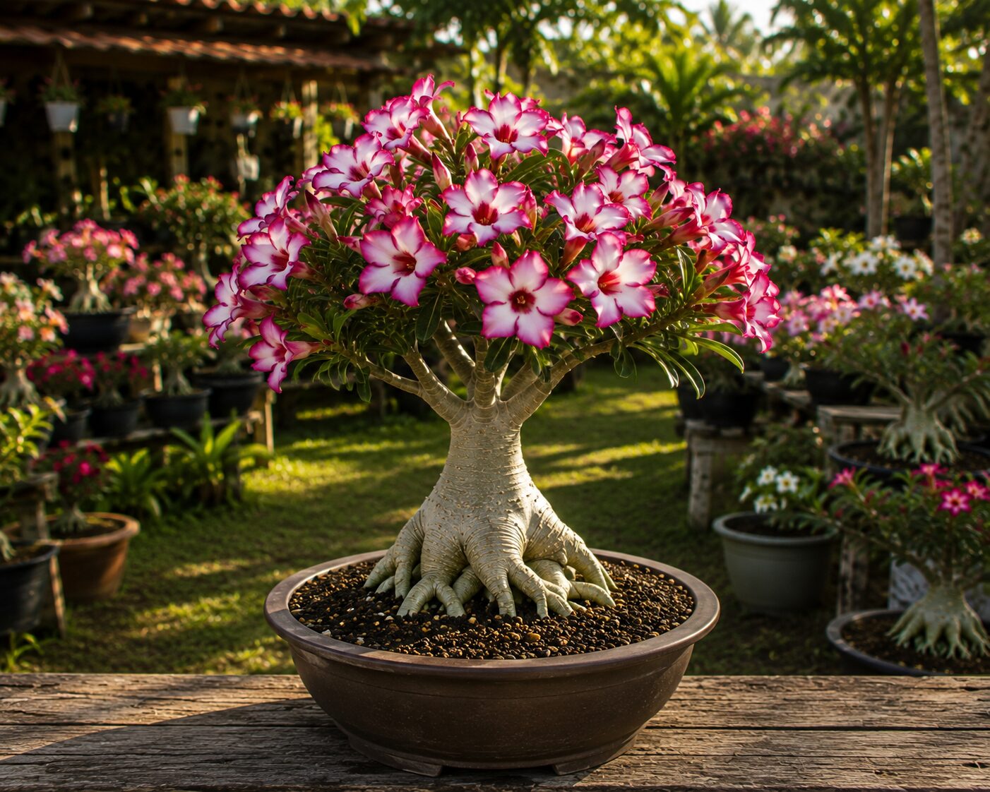 Rosa do deserto exemplar saudável em pleno florescimento
