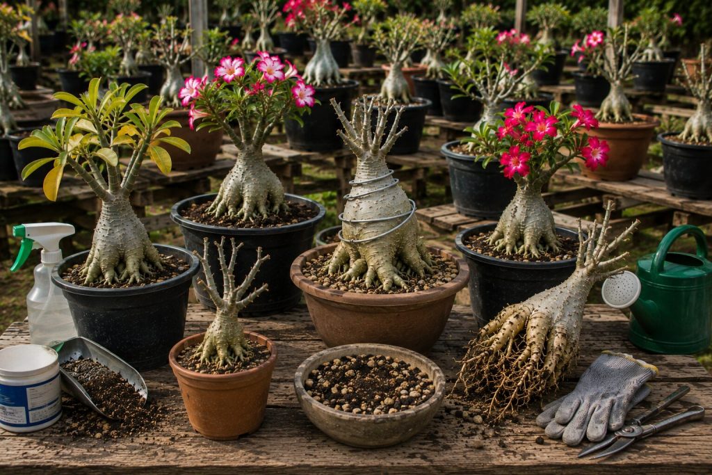 Bancada com rosas do deserto e ferramentas de cultivo