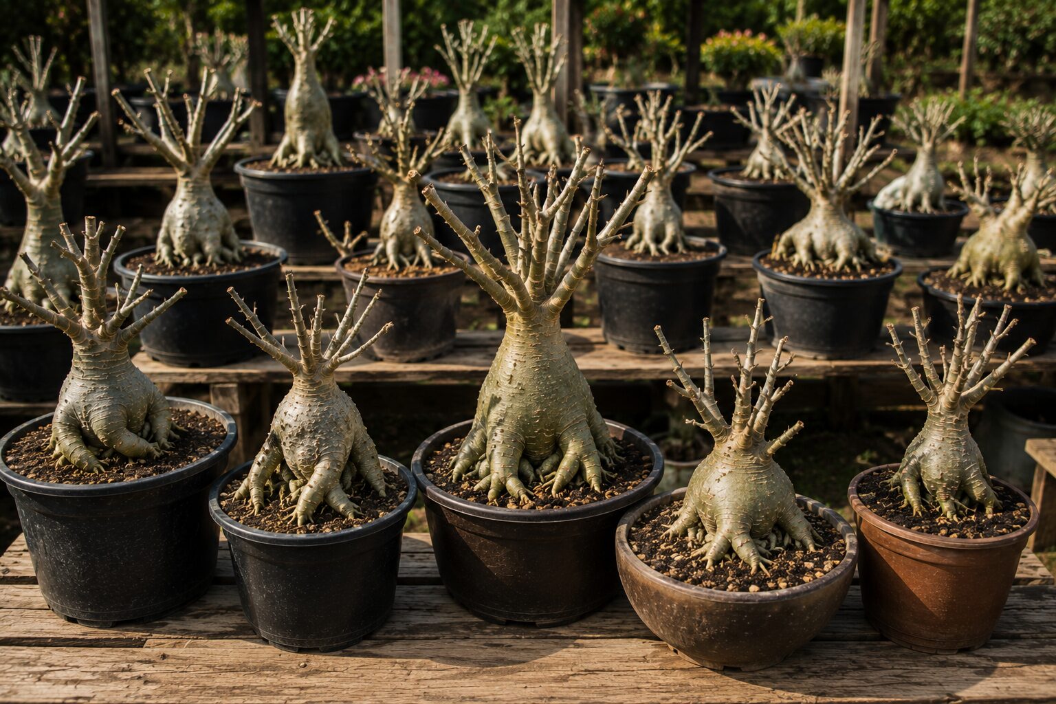 Rosas do deserto em dormência, sem folhas, mostrando o caudex