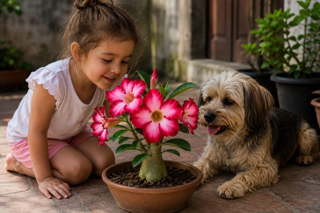 Criança e cachorro próximos a uma rosa do deserto saudável