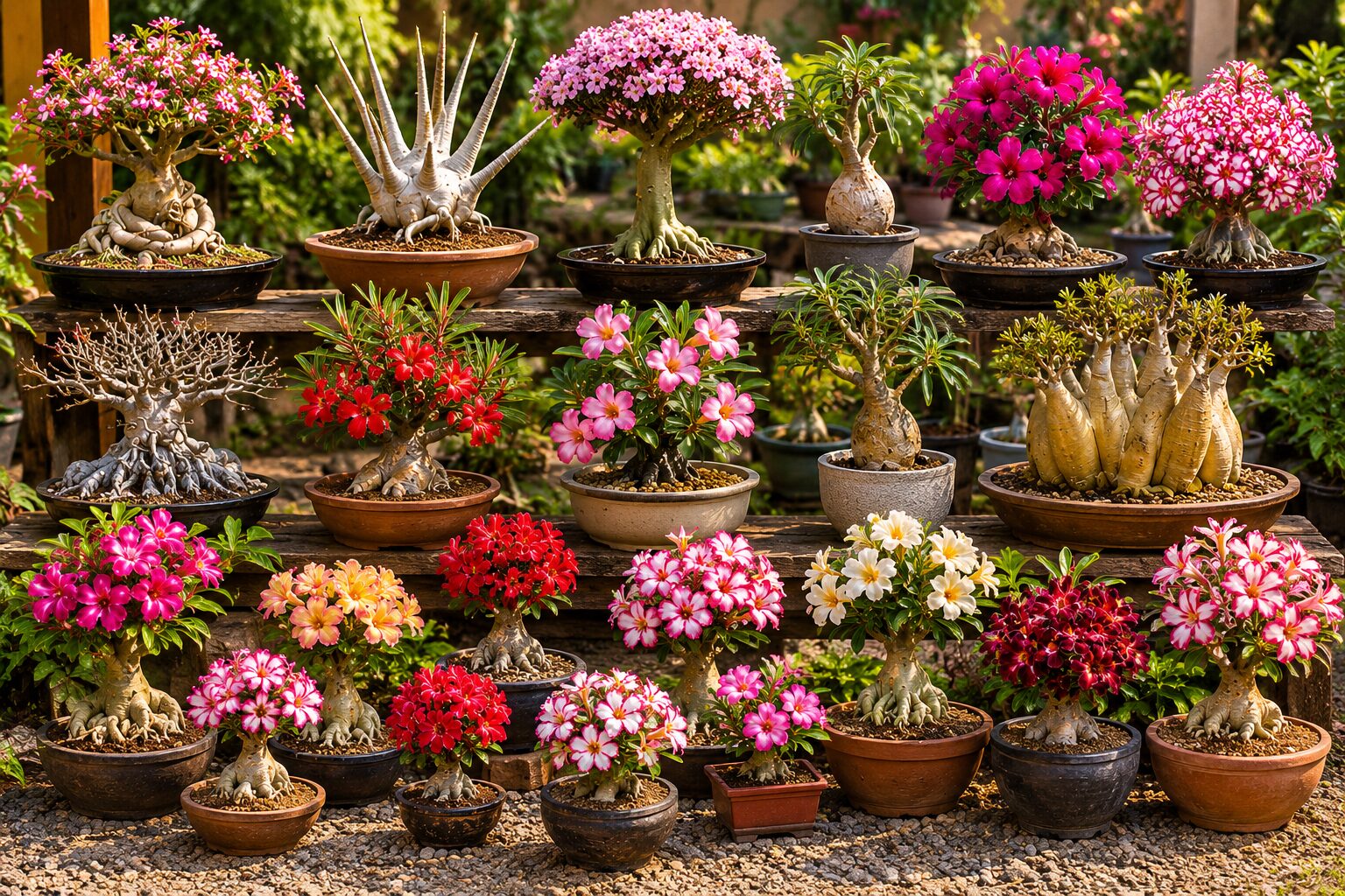 Coleção de diversas variedades de rosas do deserto em prateleira